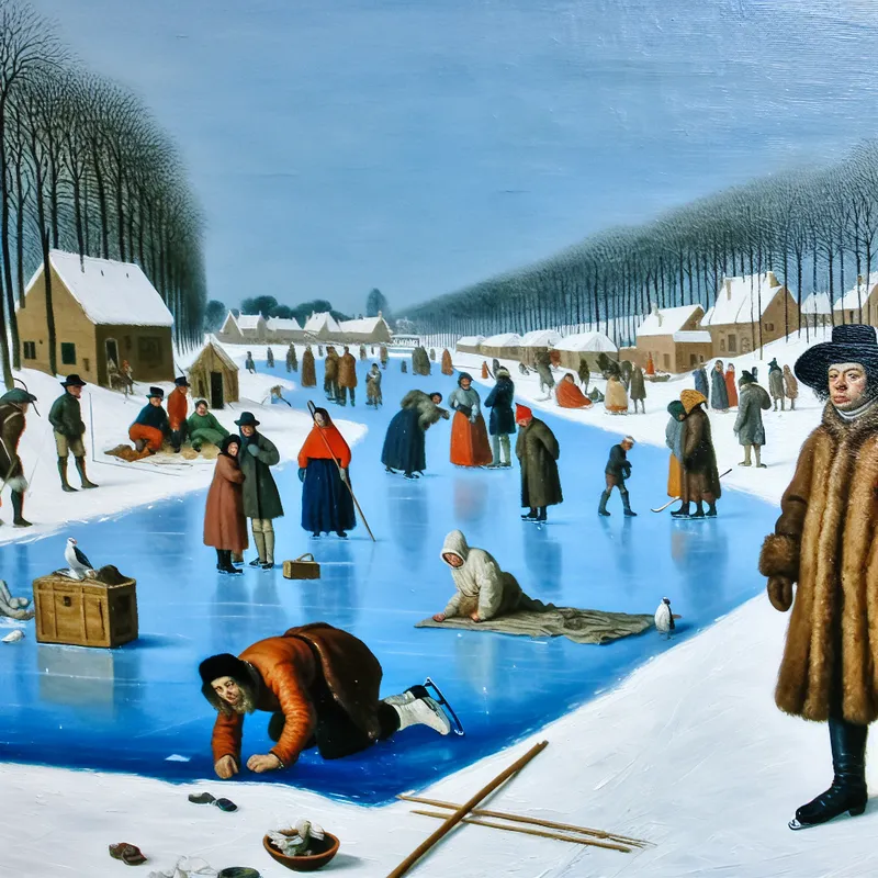 Winterlandschap met druk bevroren kanaal en bezorgde figuur