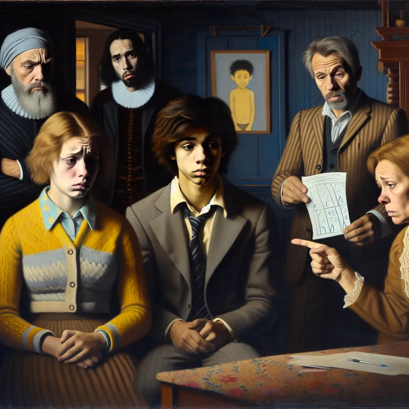 Een groep bezorgde ouders in een zacht verlichte kamer, die de cijfers van hun kind bespreken. Een ouder houdt een rapportkaart met lage cijfers, terwijl een ander wezenlijk naar de kaart wijst.