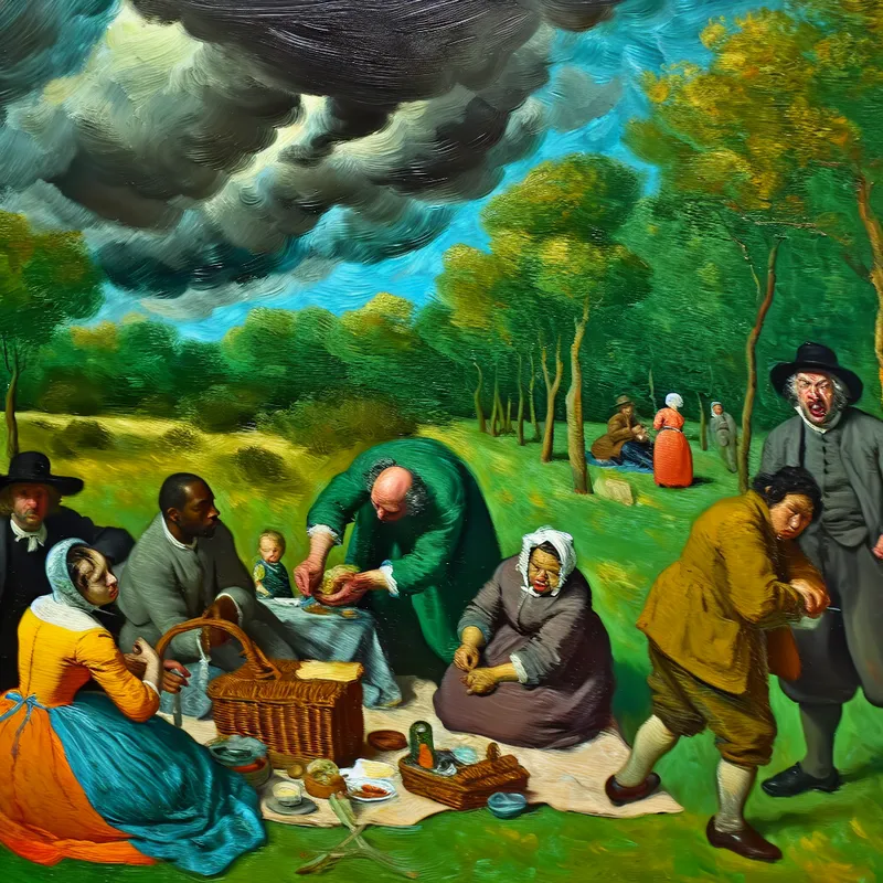 Groep bezorgde mensen tijdens een picknick in een park met dreigende regenwolken, geschilderd in de levendige stijl van Frans Hals