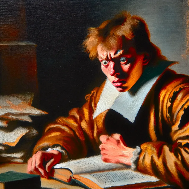 Portret van een jonge student met bezorgde blik voor een examen, geschilderd in de stijl van Frans Hals