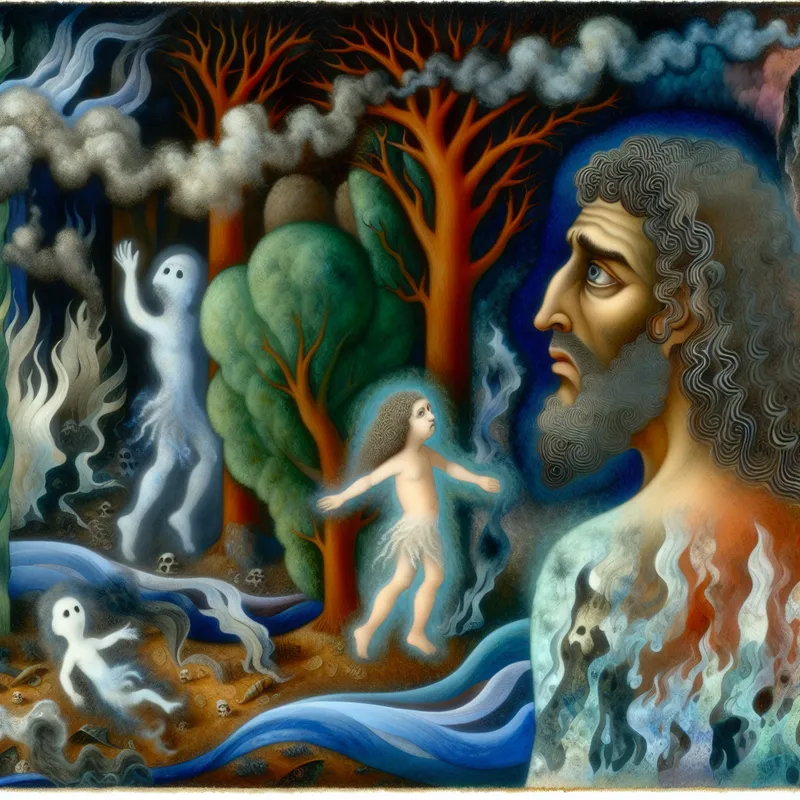 Een bezorgde vader met wild, ingewikkeld haar kijkt bezorgd naar een verdraaigd bos vol bizarre wezens die vervuiling en natuurvernietiging vertegenwoordigen, terwijl zijn dochter verloren lijkt tussen de chaotische elementen van rook en schaduwen.