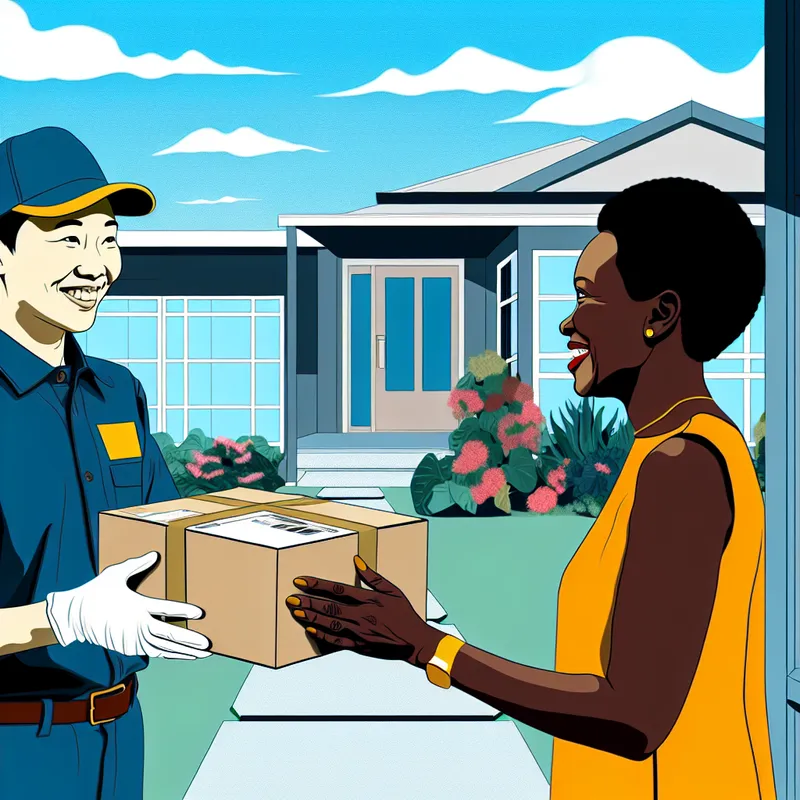 Bezorgpersoon overhandigt een fraai verpakt doos aan een glimlachende klant bij de voordeur, met een attente tuin op de achtergrond.