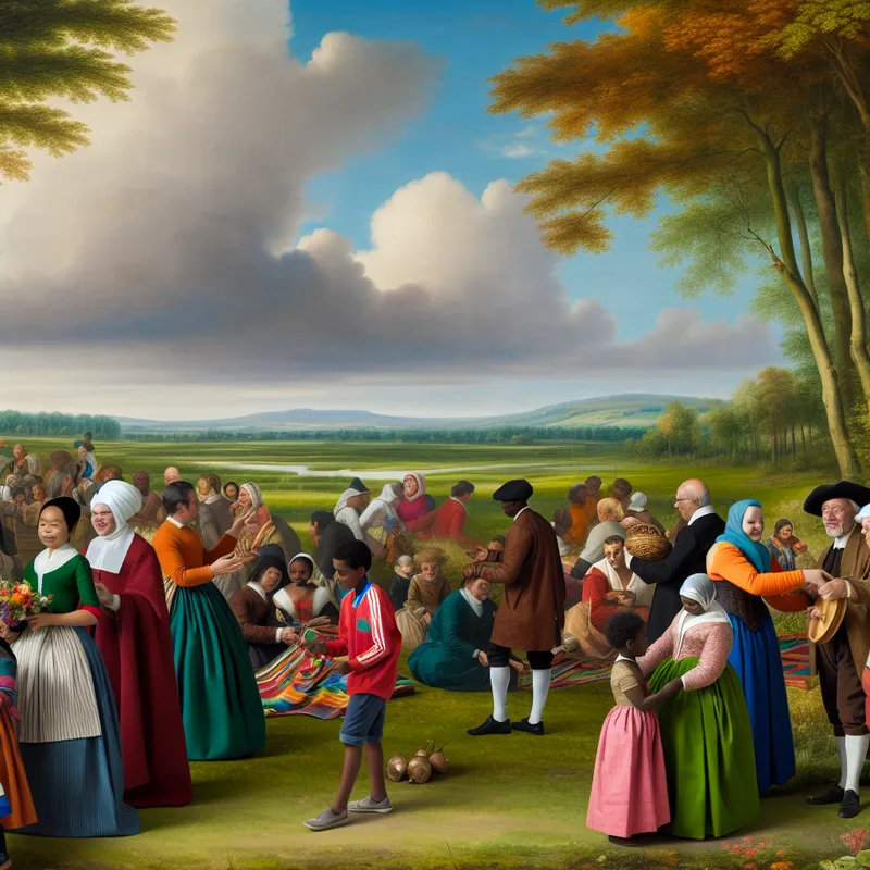 Vivid outdoor bijeenkomst met diverse culturen in kleurrijke traditionele kleding, interactie en culturele uitwisseling onder majestueuze bomen.