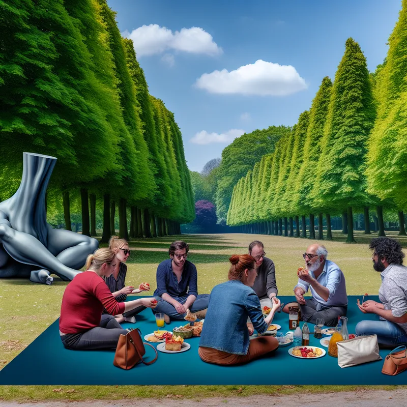 Diverse groep mensen in een park met picknickdekens, die ideeën uitwisselen tijdens een informele bijeenkomst, met een surrealistisch monumentaal beeld op de achtergrond.