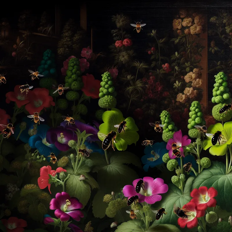 Een donkere en provocerende scène van een levendige lentetuin met bijen die actief bloemen bestuiven.