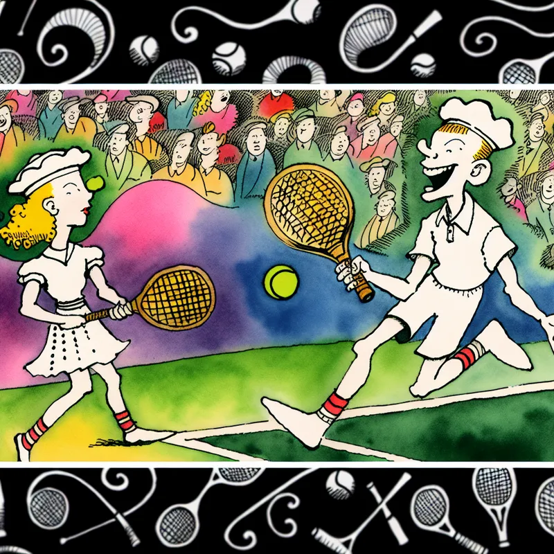 Twee cartoonachtige tennissers in een intense rally, waarbij de zus bijna net zo goed speelt als haar broer, in de stijl van Marten Toonder