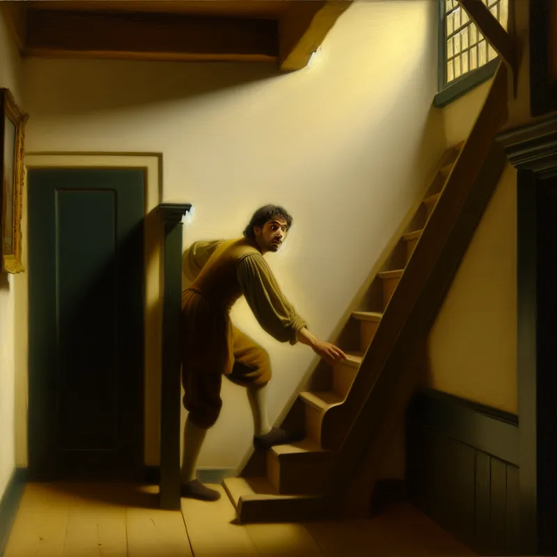 Jonge man op smalle trap in 17e-eeuws Hollands huis, net op tijd grijpt hij de leuning vast om val te voorkomen