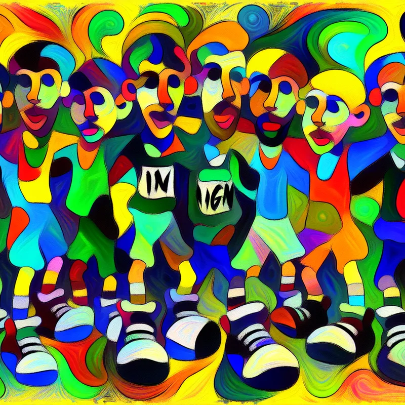 Abstract schilderij van een vrolijke groep vrienden rond Max met koosnaam 'Maxje' in felle kleuren en dynamische patronen