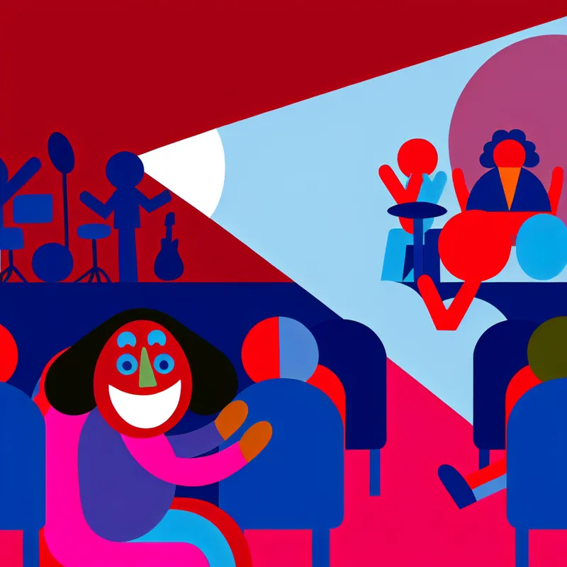 Minimalistische illustratie van een vrolijk persoon die een concert bijwoont in een kleurrijke concertzaal, met een band op het podium onder een spotlight