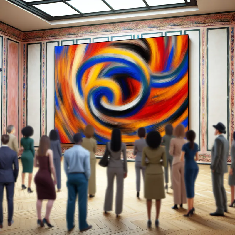 Een levendige abstracte kunstwerken in een galerij, omringd door bewonderende kijkers.