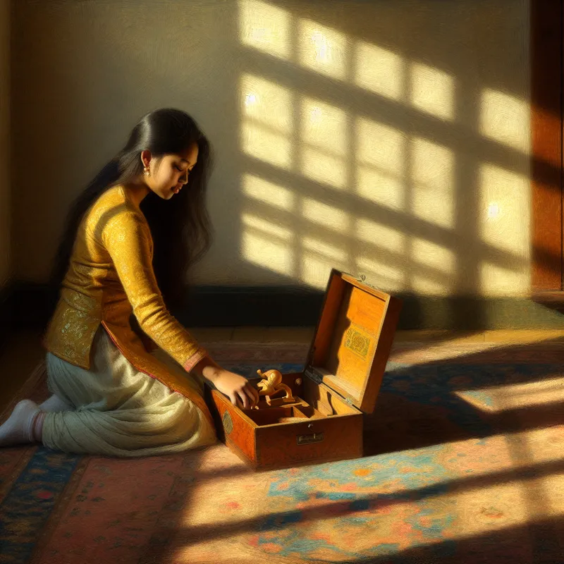 Een jonge vrouw plaatst een vintage houten speelgoed in een doos in een lichtgevulde kamer