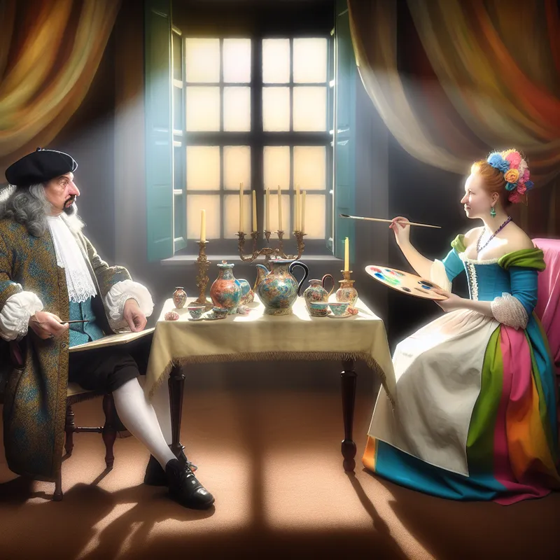 Een idyllische binnenlands afbeelding met twee contrasterende karakters aan een prachtig gedekte tafel, een serieuze edelman en een levendige kunstenaar.