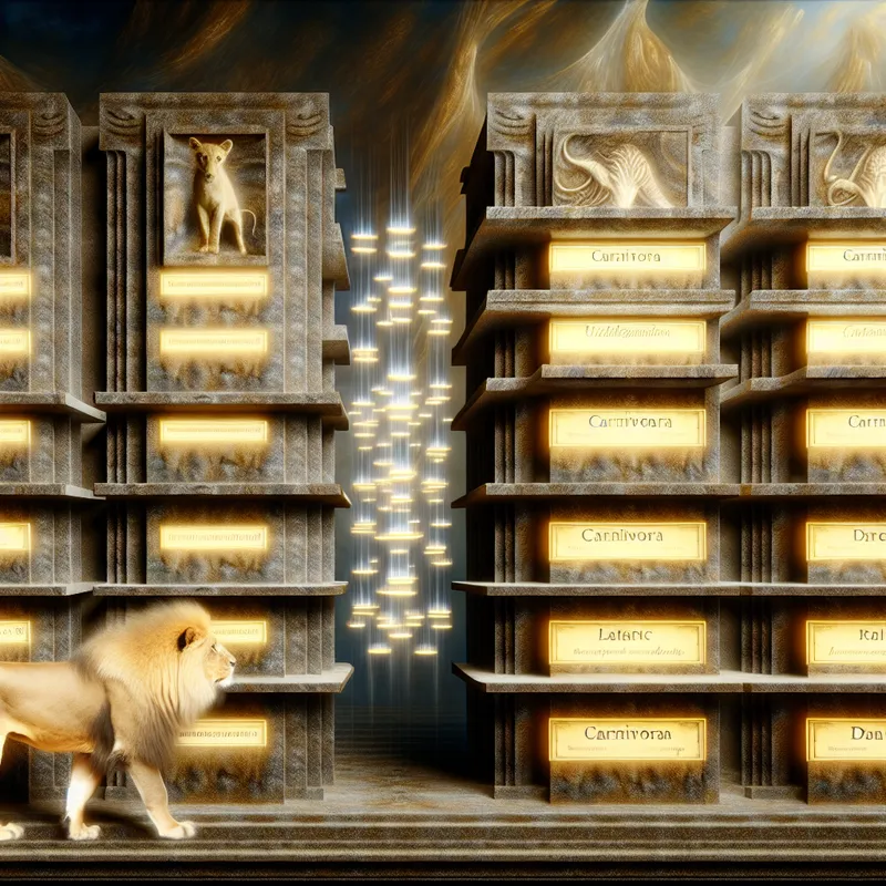 Hyperrealistisch surrealistisch tafereel van een natuurlijke bibliotheek met stenen planken, waarop een leeuw staat onder het label 'Carnivora' als symbool voor biologische classificatie