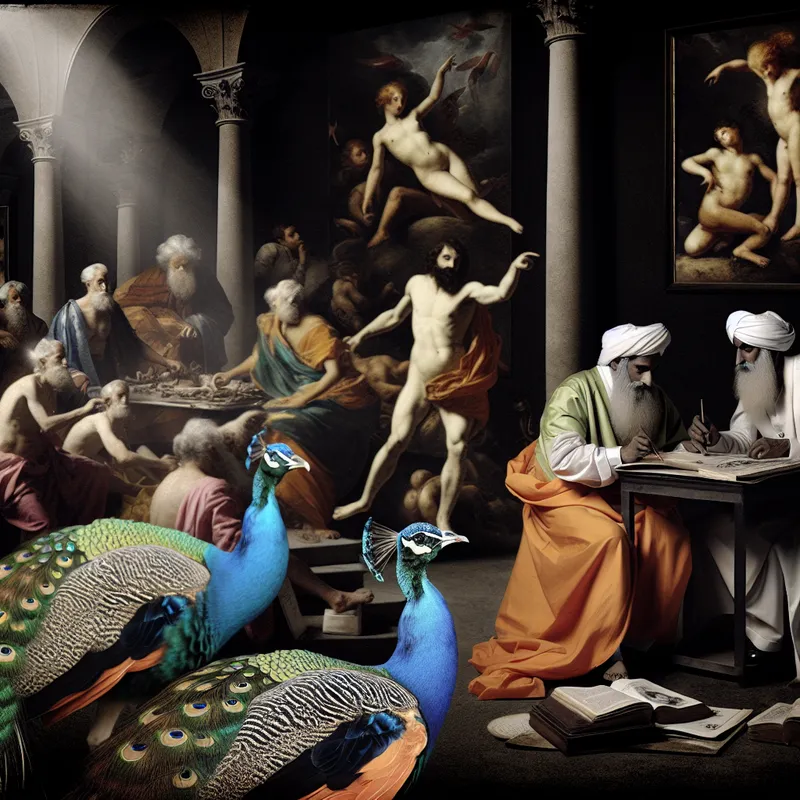 Barokke wetenschappelijke scène met pauwen en 17e-eeuwse onderzoekers die biologische geslachtsverschillen bestuderen, geïnspireerd op Peter Paul Rubens