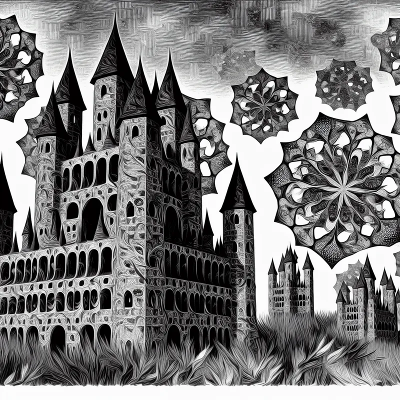 Surrealistische illustratie van de drie biologische rijken: dierenrijk, plantenrijk en schimmelrijk, verbeeld als onmogelijke architectuur in de stijl van M.C. Escher