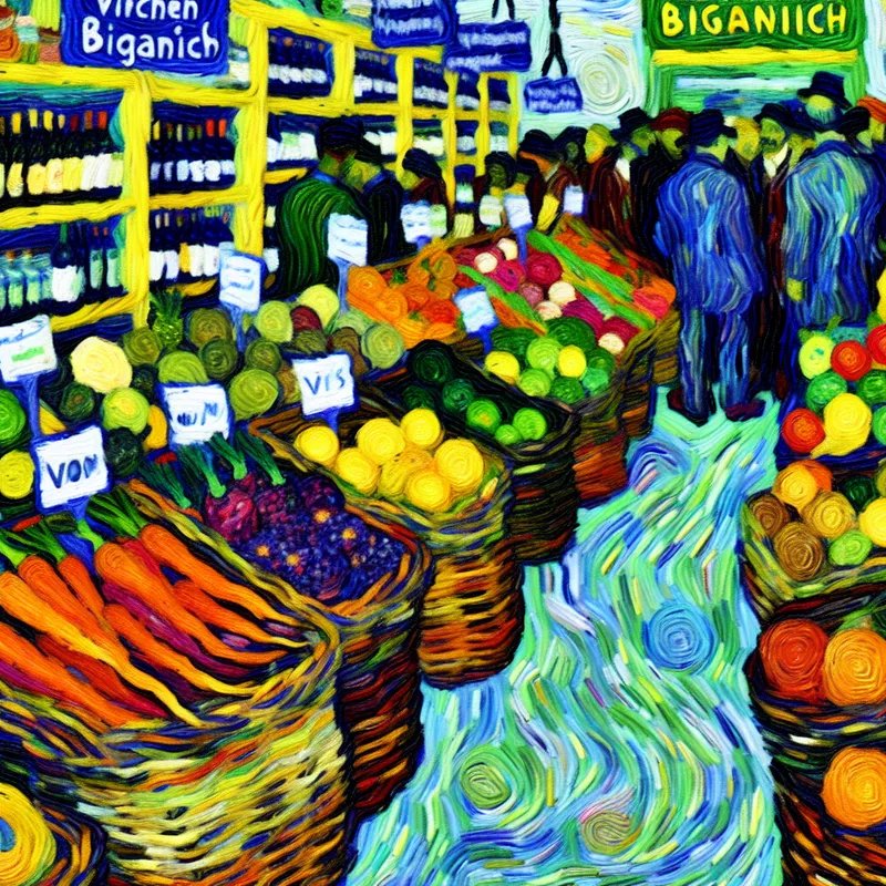 Levendige biologische supermarkt in Van Gogh-stijl met hoofdzakelijk biologisch eten en klanten die biologische producten bekijken