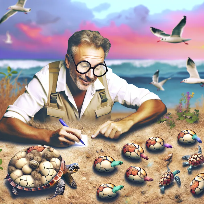 Een bioloog bestudeert schildpadeieren op het strand met een kleurrijke zonsondergang op de achtergrond.