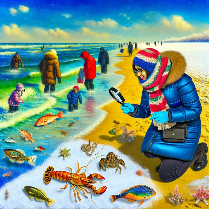 Een bioloog onderzoekt zeeleven op een winterstrand, met kleurrijke vissen en kreeften, terwijl een gezin een sneeuwpop maakt.