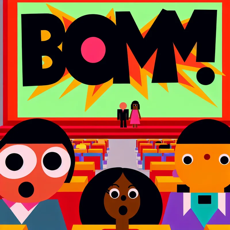 Minimalistische illustratie van een bioscoop met een opvallende filmposter 'BOM!' omringd door bewonderende toeschouwers, symboliserend groot succes
