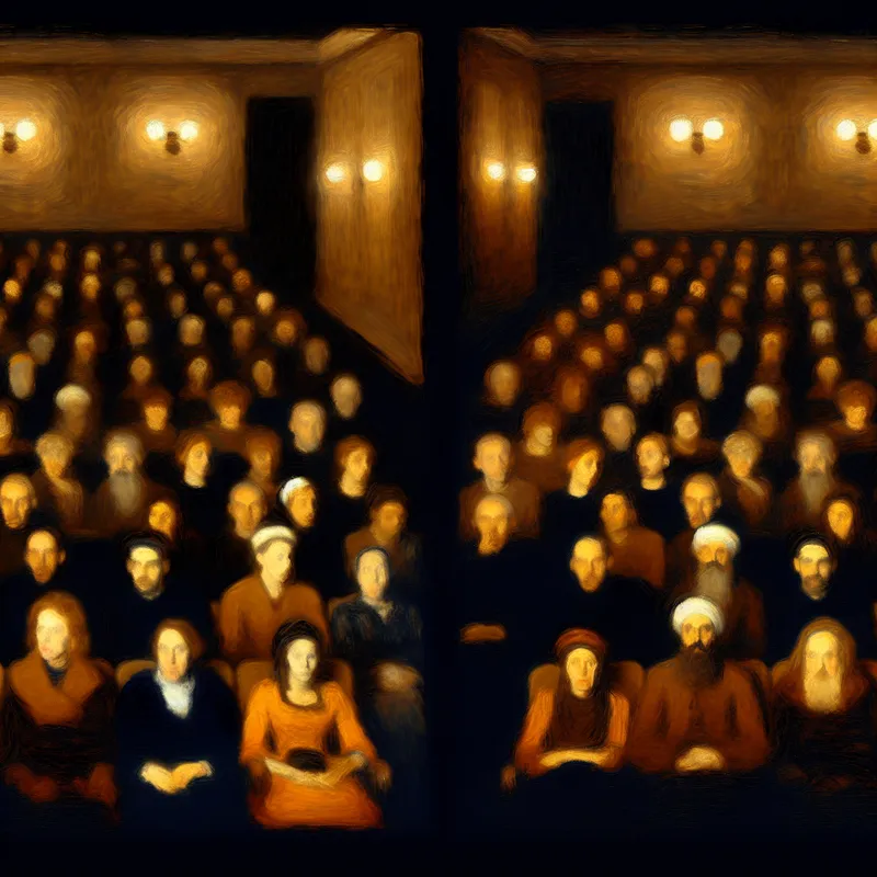 Een volle bioscoop met twee groepen publiek in verschillende ruimtes die naar een film kijken, verlicht door warme lichten.