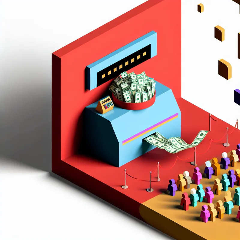 Minimalistische bioscoopkassa met stapels bankbiljetten en munten, symboliserend voor hoge filmopbrengsten en succesvolle kaartverkoop