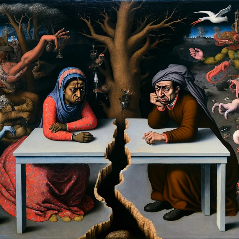 Twee vrienden zitten aan een verscheurd tafeltje in een donkere, surrealistische omgeving met bizarre creëren die hun conflicten symboliseren.