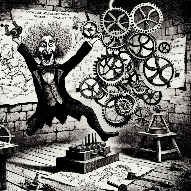 Een excentrieke uitvinder in een donkere werkplaats naast een bizarre uitvinding met draaiende tandwielen en kleurige materialen.