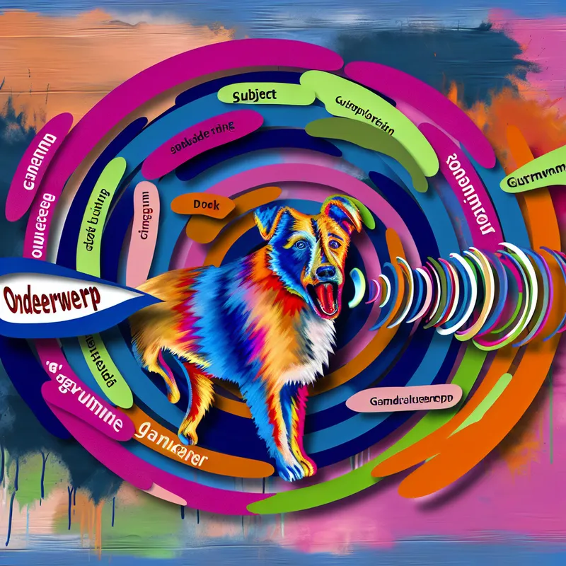 Abstracte en kleurrijke weergave van een blaffende hond omgeven door levendige kleuren en grammaticale elementen.