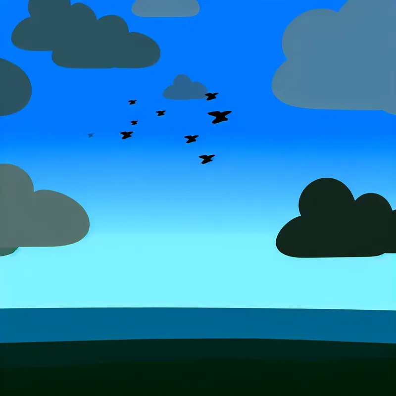 Minimalistische kinderillustratie van een uitgestrekte blauwe hemel met donkergrijze wolken en vliegende vogels, in de stijl van Dick Bruna