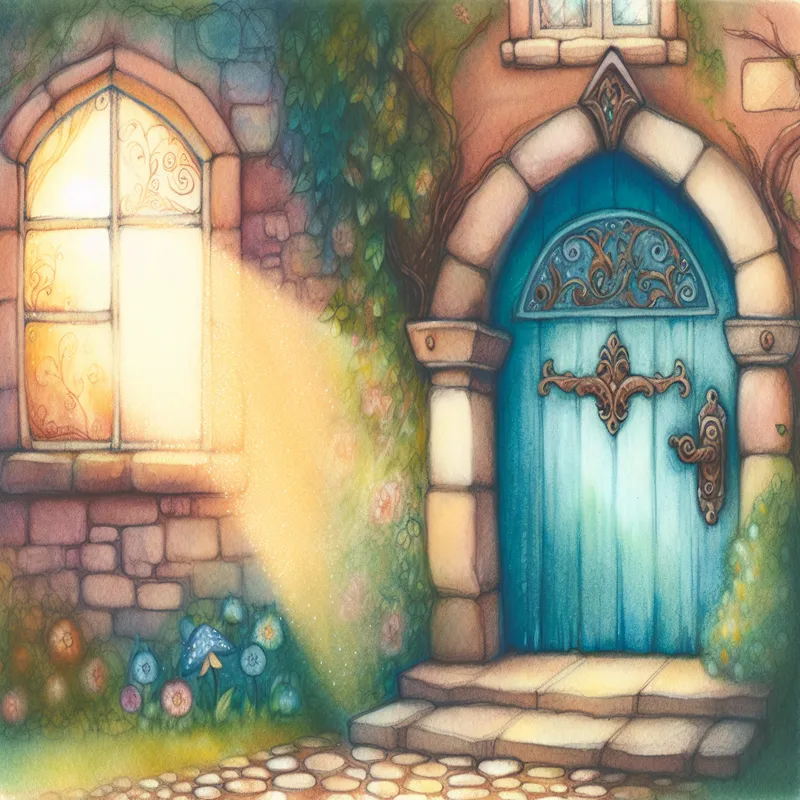 Een blauwe voordeur die op een kier staat in een vintage huis met een groene tuin, verlicht door zacht, warm zonlicht.