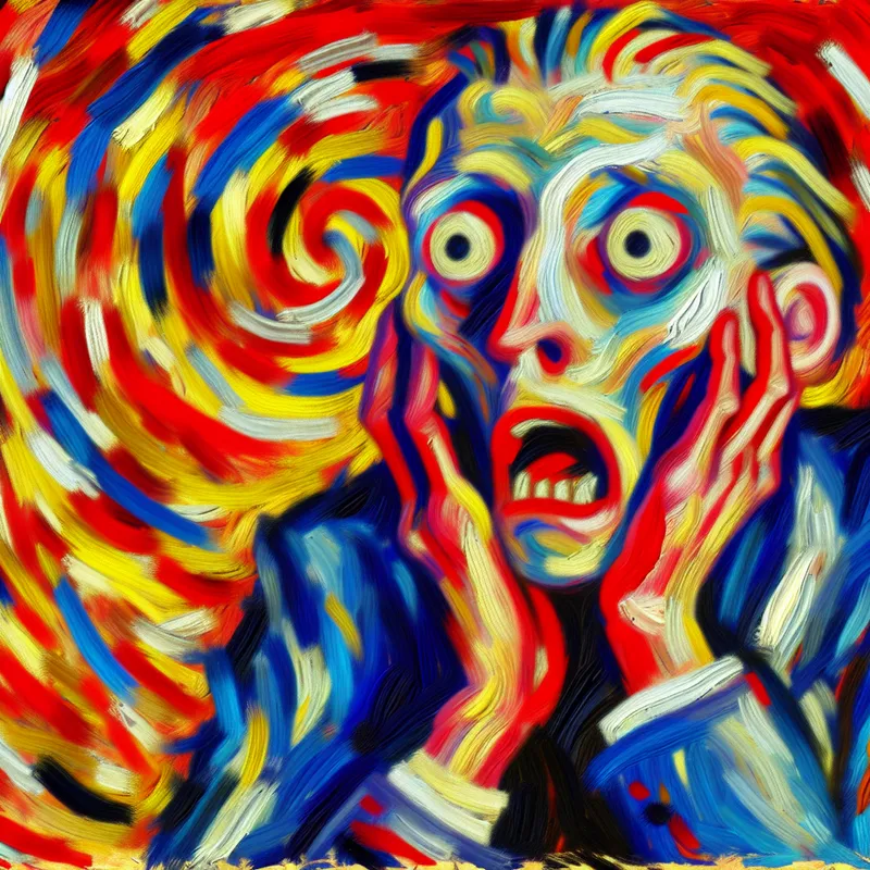 Abstracte kunst van een persoon die bleek wegtrekt van schrik, met wijd opengesperde ogen en mond, in felle kleuren