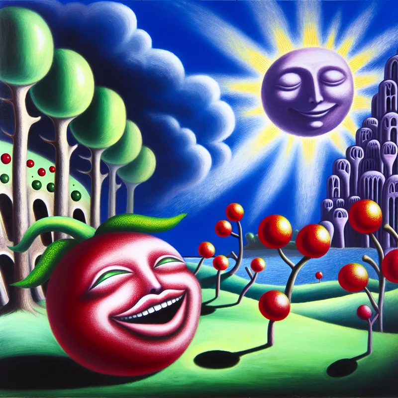 Een vrolijk personage in de vorm van een bes, glimlachend onder de zon in een groene omgeving met een fantasierijke bessenfabriek op de achtergrond.