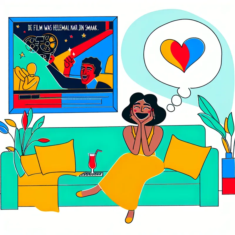Illustratie van een blij karakter op een bank dat een film kijkt, met een hartje in een gedachtenwolk.