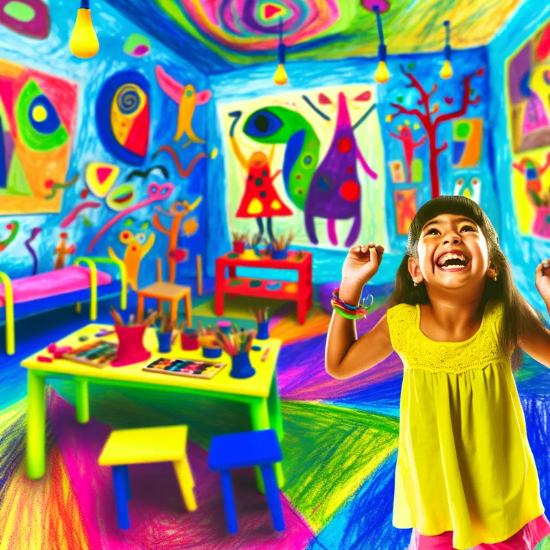 Een jong kind danst blij in een kleurrijk klaslokaal met abstracte kunst geïnspireerd door Karel Appel.