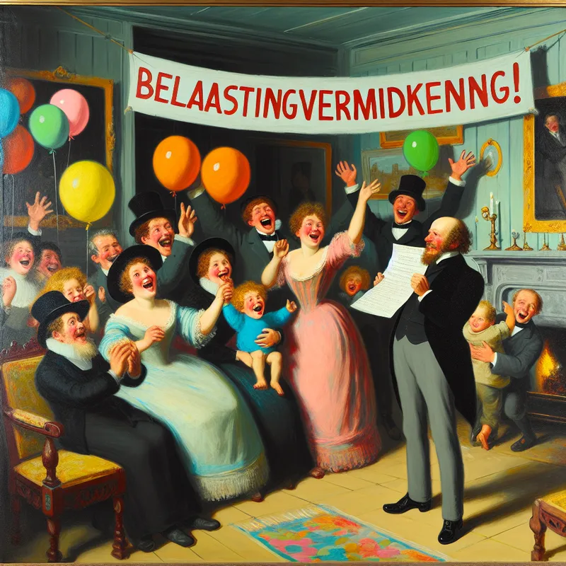 Een blije familie viert een belastingvermindering in een kleurrijk versierde woonkamer met ballonnen en een feestbanner.