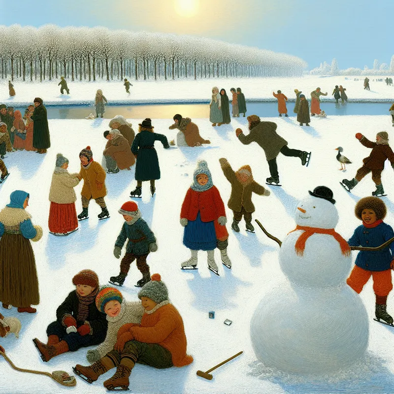 Een levendig winterlandschap met blije kinderen die buiten in de sneeuw spelen, zonder boeken of huiswerk, onder een zonnige lucht met sneeuwbedekte bomen en een bevroren vijver.