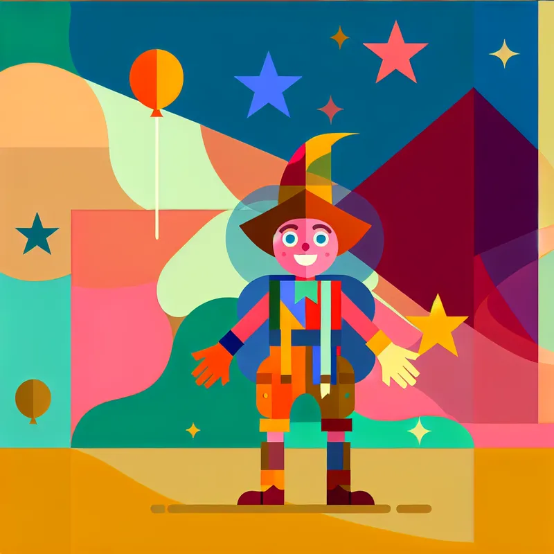 Een kleurrijke minimalistische illustratie van een blije kindachtige avonturier die een vergrootglas vasthoudt terwijl hij een landschap verkent vol verborgen schatten zoals sterren, ballonnen en badges.