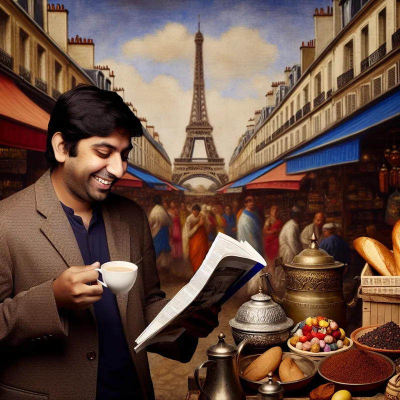 Blije expat in levendige markt, omringd door culturele elementen van thuis en nieuw land