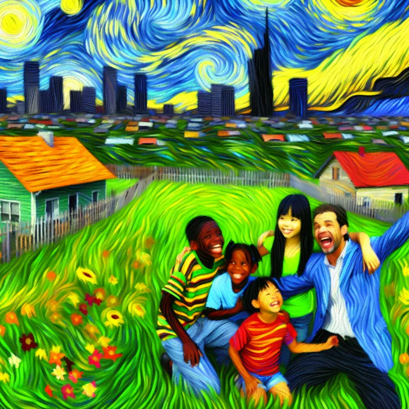 Een blije familie op een nieuw gekocht stuk grond met groene begroeiing en kleurrijke bloemen, terwijl stadsgebouwen op de achtergrond zichtbaar zijn onder een expressieve lucht.