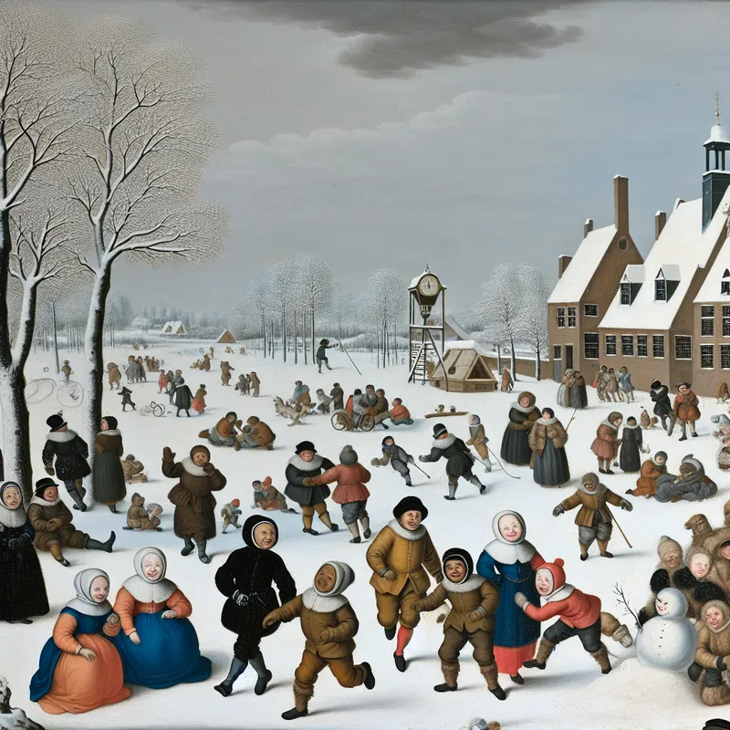 Groep blije kinderen in warme kleding spelen in een besneeuwd winterlandschap met een schoolhuis op de achtergrond.