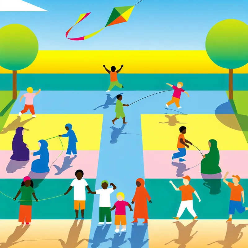 Een kleurrijke afbeelding van een diverse groep kinderen die samen spelen in het park.