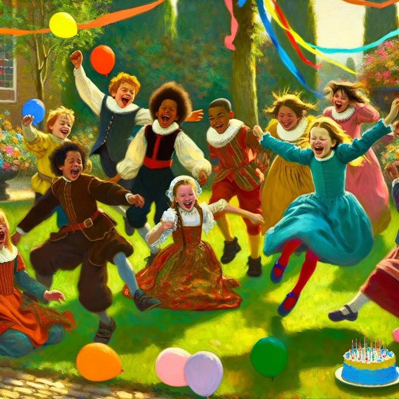 Een groep blije kinderen in een zonnige tuin, vol vreugde terwijl ze een verrassingsfeest ontdekken met ballonnen en taart.