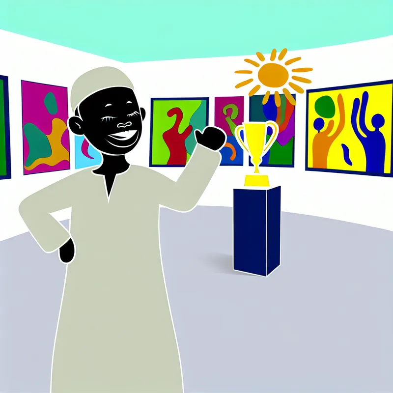 Minimalistische illustratie van een blije kunstenaar die een trofee ontvangt in een kleurrijke galerij, met schilderijen op de achtergrond.