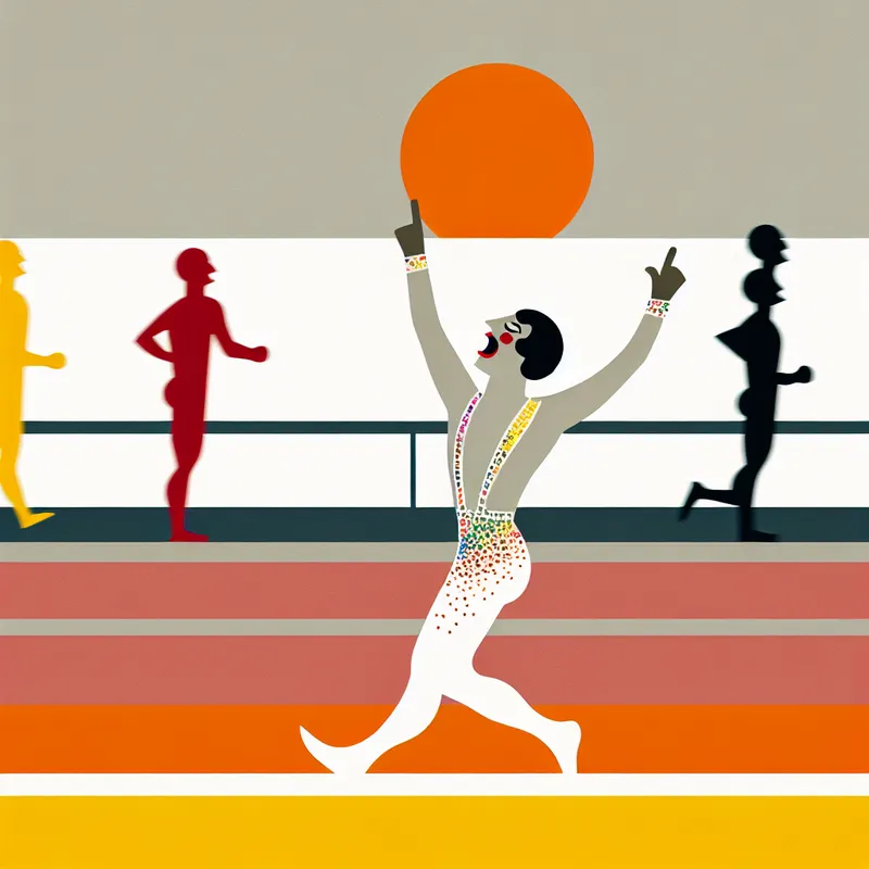 Minimalistische illustratie van een kleurrijke race met een blije loper die als eerste de finishlijn oversteekt, zijn armen in de lucht.