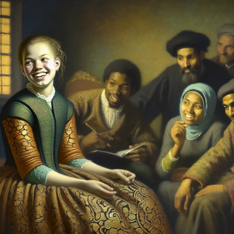 Een jonge vrouw glimlacht terwijl ze blije nieuws deelt met vrienden in een zacht verlichte kamer.