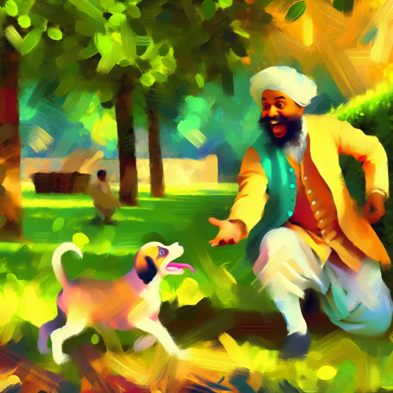 Een blije persoon met een speelse puppy in een zonnig park, beiden kijken elkaar liefdevol aan.