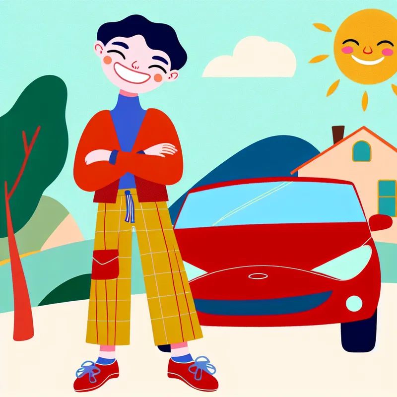 Jonge persoon naast een nieuwe helderrode auto met een grote glimlach in een heldere, vrolijke omgeving.