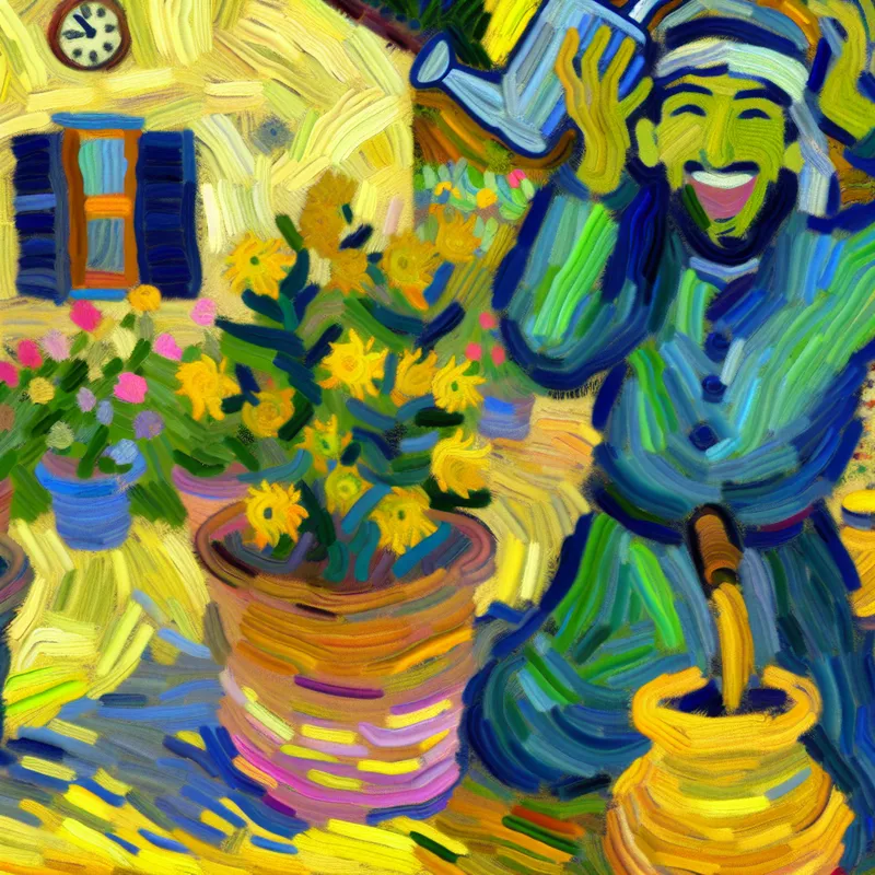 Een blij persoon die een kamerplant water geeft, met een kleurrijke klok op de achtergrond die vijf minuten aangeeft.