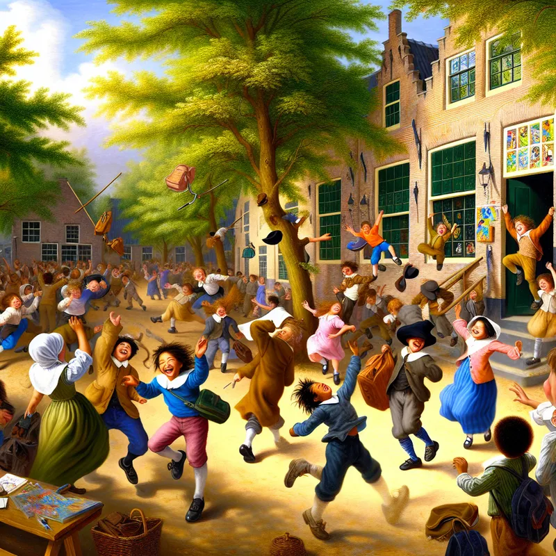 Groep blije schoolkinderen rent vrolijk uit een Nederlandse school terwijl ze hun rugzakken in de lucht gooien, in een zonnige schoolyard.