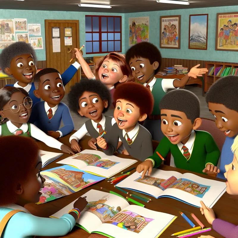 Een groep blije schoolkinderen in een klaslokaal, die enthousiast hun kleurrijke schoolreisverslagen tonen.